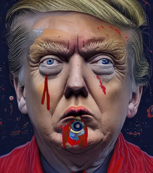 Prompt: portrait, nightmare anomalies, donald trump by dariusz zawadzki, kenneth blom, mental alchemy, james jean, pablo amaringo, naudline pierre, contemporary art, hyper detailed