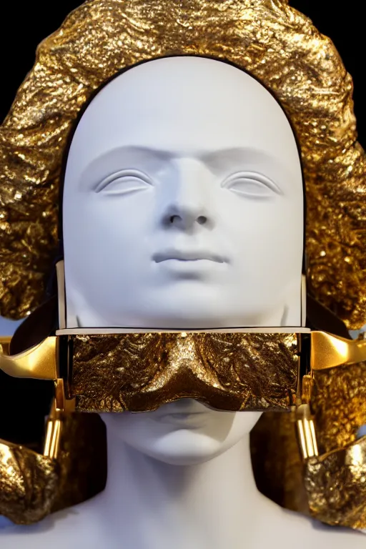 Prompt: cinematic close up portrait of Cupid wearing a golden Oculus VR headset on his face. Centered, uncut, unzoom, ultra realistic, zenith view, polished white marble, unreal engine, ray tracing, hd, 4k, Dslr, tiltshift, dof. 64megapixel.