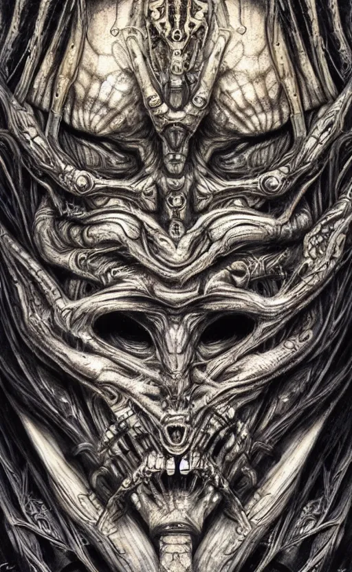 Image similar to H.R. Giger and Elden Ring themed painting of ancient hybrid majestic aztec shaman fantasy cyber human beautiful symmetrical face angry mask closeup face mask tattoo pattern golden ratio concept, deep forest psytrance Neo-Gothic concept, infinity glyph waves, intricate artwork masterpiece, very coherent artwork, cinematic, full frontal facial features by Artgerm, Takato Yamamoto, Zdizslaw Beksinski, Johnatan Wayshak, Moebius, Ayami Kojima, very coherent artwork, trending on cgsociety, ultra high quality model, production quality cinema model, high detail chromatic ink outline, octane render, unreal engine 8k, hyper realism, high detail, octane render, unreal engine, 8k, High contrast