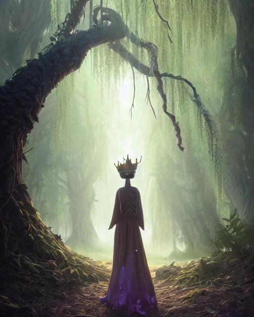 Image similar to highly detailed surreal vfx portrait of a cursed crown in a shadowy forest by a willow tree, stephen bliss, unreal engine, greg rutkowski, loish, rhads, beeple, makoto shinkai and lois van baarle, ilya kuvshinov, rossdraws, tom bagshaw, alphonse mucha, global illumination, detailed and intricate environment