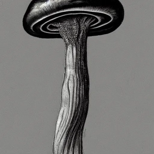 Prompt: beautiful roud mushroom cap, bottom view, luminous lamellae are clearly visible, Giger, black background, hyper realism, epic composition