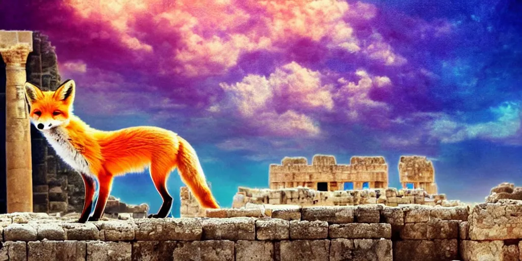 Image similar to A beautiful small fox in the huge ruins of the second temple in Jerusalem :: Dreamy sky :: The third temple hovers quietly in the sky above :: Very colorful painting 8k trending on art station :: Intricate details, very realistic, cinematic lighting, volumetric lighting, photographic blur bokeh defocus dof sky