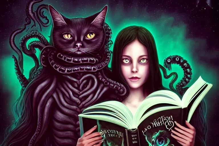 Image similar to romantic photo of bright girl, her cat and her book of necronomicon, symmetrical, cinematic, real dlsr photography, sharp focus, 4 k, ultra hd, sense of awe, sinister demonic atmosphere, dreadful, forbidden knowledge, old gods, cthulhu, yog - sothoth! yah, yah, yah! cultist journal cover