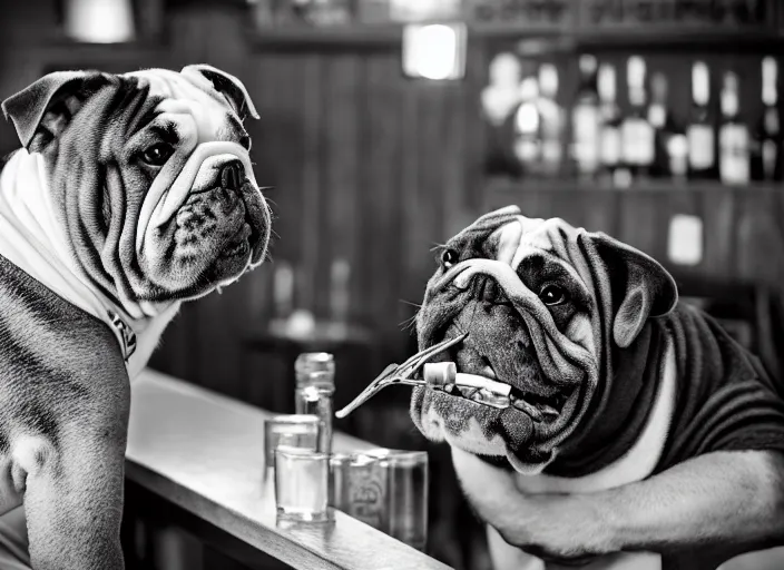 Image similar to a closeup, 4 5 mm, detailed photograph of a english bulldog holding a beer on a bar - stool, sitting at a bar on a bar - stool, beautiful low light, 4 5 mm, by franz lanting