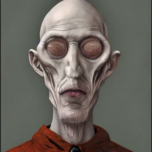 Prompt: eerie portrait of creepy pale old man with fish like facial features and gills in his neck, painted, fish man, trending on art station, love craftian, dark lighting