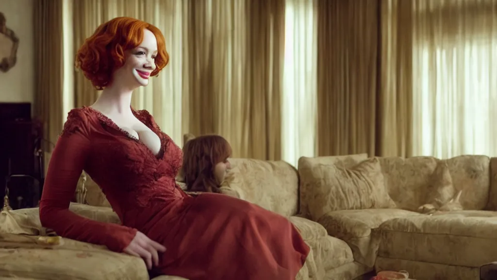 Image similar to a very happy beautiful Christina Hendricks in the living room, film still from the movie directed by Denis Villeneuve with art direction by Salvador Dalí, wide lens