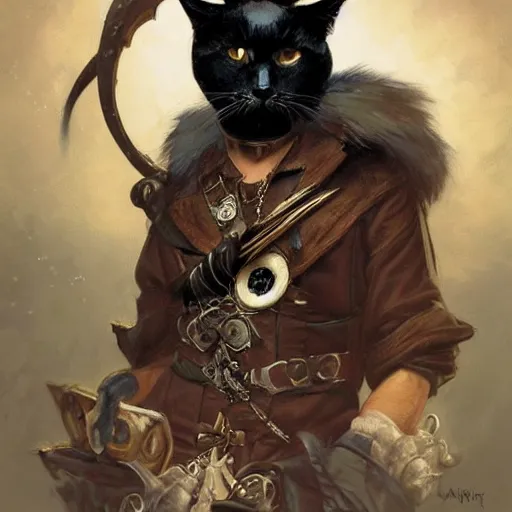 Prompt: portrait, male humanoid cat, eye patch on one eye, black fur, pirate, doctor, pirate clothes, d & d, fantasy, intricate, elegant, highly detailed, digital painting, artstation, concept art, matte, sharp focus, illustration, art by artgerm and greg rutkowski and alphonse mucha