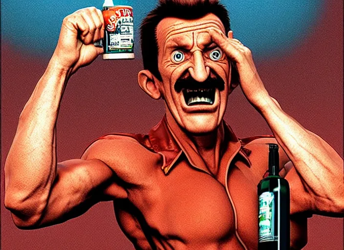 Image similar to barry chuckle chugging a bottle of snake oil, artwork by richard corben, 3 d, high resolution 8 k