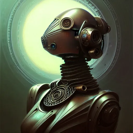 Image similar to low angle shot of a cyberpunk gazmask robot character, intricate, elegant, highly detailed, centered, digital painting, artstation, concept art, smooth, sharp focus, illustration, artgerm, tomasz alen kopera, peter mohrbacher, donato giancola, joseph christian leyendecker, wlop, boris vallejo