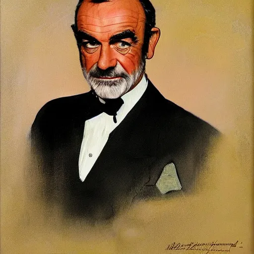 Prompt: a portrait painting of Sean Connery. Painted by Norman Rockwell