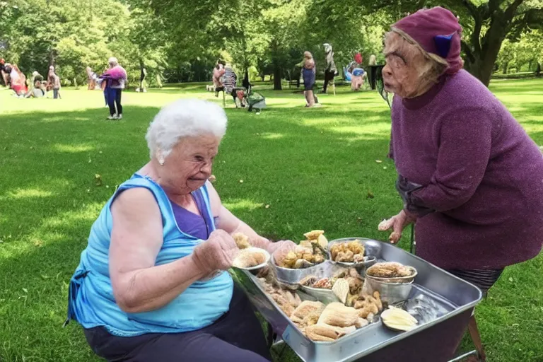 Image similar to old lady feeds furries in the park