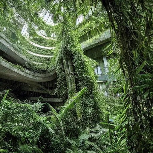 Prompt: old photo overgrown spaceship zaha hadid ruins in jungle