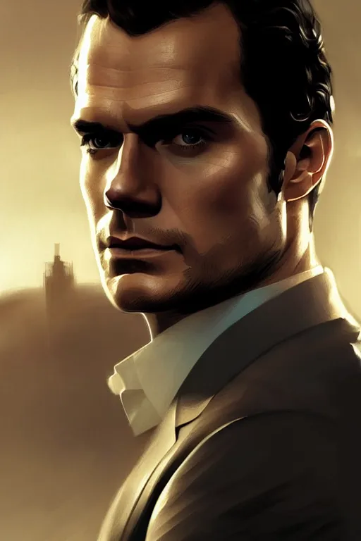 Image similar to portrait of henry cavill as james bond, rifling intro, highly detailed, digital painting, artstation, concept art, cinematic lighting, sharp focus, illustration, art by artgerm and greg rutkowski and alphonse mucha