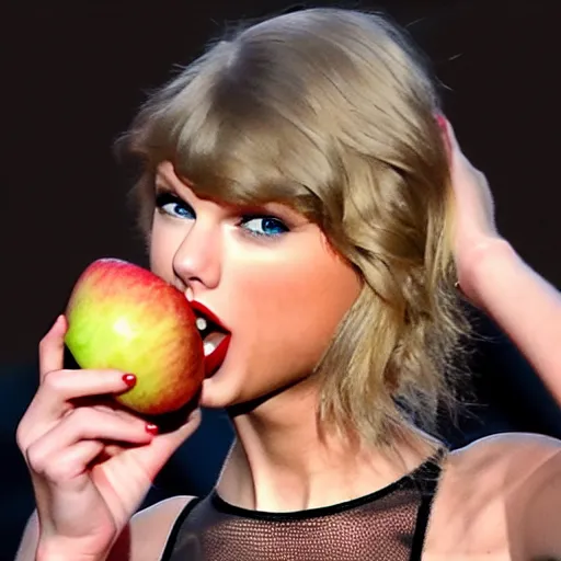 Image similar to taylor swift eating an apple, detailed, clean, realistic