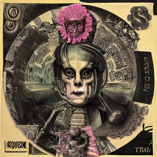 Image similar to post - punk new age album cover, asymmetrical design, dollar bank notes, capitalism, magic, apocalypse, psychedelic, black white pink, highly detailed, magic, giger h. r., giuseppe arcimboldo