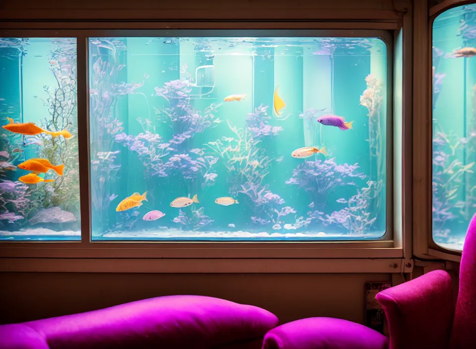 Prompt: telephoto 7 0 mm f / 2. 8 iso 2 0 0 photograph depicting the feeling of chrysalism in a cosy cluttered french sci - fi ( art nouveau ) cyberpunk apartment in a pastel dreamstate art cinema style. ( aquarium, computer screens, window ( city ), fish tank, lamp ( ( ( armchair ) ) ) ), ambient light.