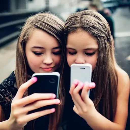 Image similar to two girls taking a selfie. hyper detailed, photorealistic, photography, pretty, cute. trending on instagram