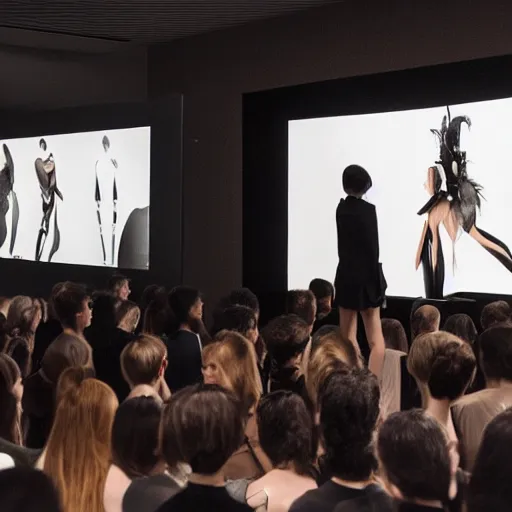 Image similar to art curator looking at a screen with a chat interface, recursive, on stage in the middle of a fashion show in the style of grand chamaco and stanley kubrick, inspired by y - 3, photorealistic, epic, super technical, cinematic still