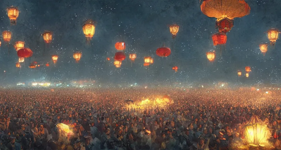 Image similar to craig mullins and ghibli digital art of zhongyuan festival in china ， lanterns in the sky, black night sky, stars, below is the crowd, rivers, villages ， unreal engine, hyper realism, realistic shading, cinematic composition, realistic render, octane render, detailed textures, photorealistic, wide shot