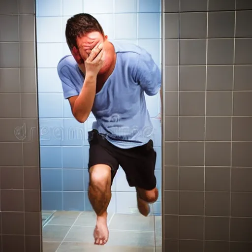 Prompt: man with agonizing face paces past bathroom stall, diarrhea, IBS, stock photo, istockphoto, 4k