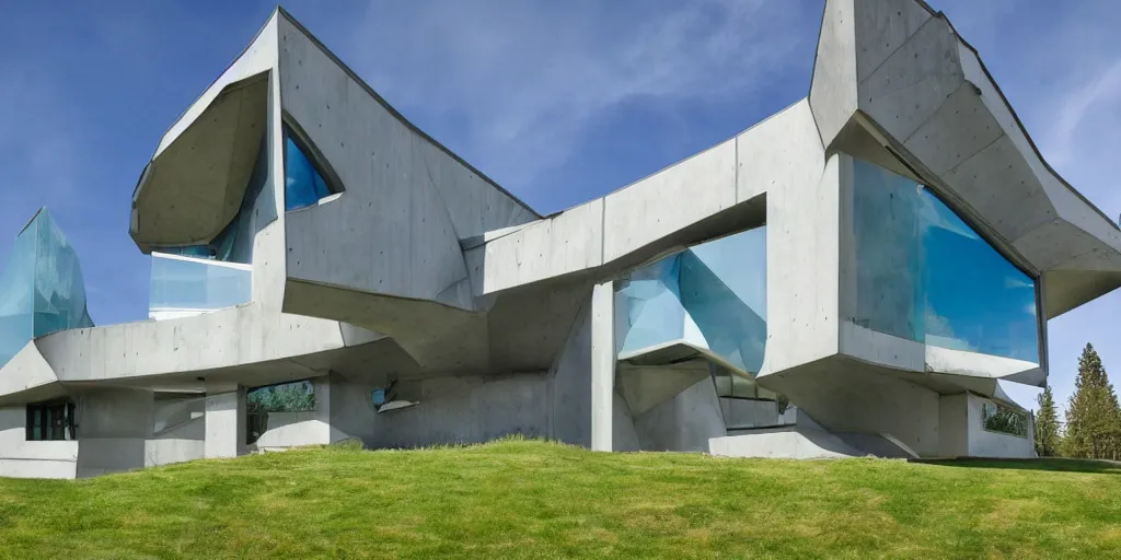 Prompt: large futuristic Washington state residence, large windows, concrete, triangular elements, blue and white and green metal