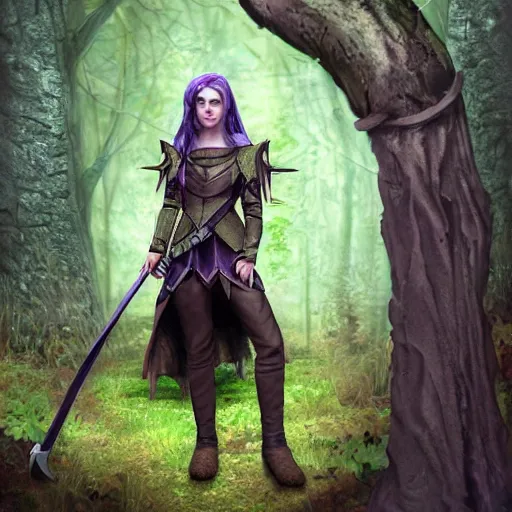 Image similar to anya charlota as a medieval fantasy wood elf, dark purple hair tucked behind ears, wearing a green tunic with a fur lined collar and leather armor, short, muscular build, scar across nose, one black, scaled arm, wielding a battleaxe, cinematic, character art, digital art, forest background, realistic.