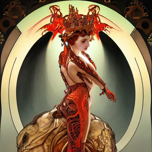 Image similar to 3/4 body portrait of the firedragon queen by artgerm and H R Giger and alphonse mucha, HD, full body dragon concept, flying dragon, Human body with dragon features, beautiful queen, perfect face, perfect body, 10/10 would dream again, fantasy, intricate, elegant, highly detailed, digital painting, artstation, concept art, smooth, sharp focus, illustration, ray tracing, 4k realistic 3d rendered portrait, soft shading, soft colors, relaxed colors, hyperdetailed, wide angle lens, fantasy, futuristic horror, armor style of giger