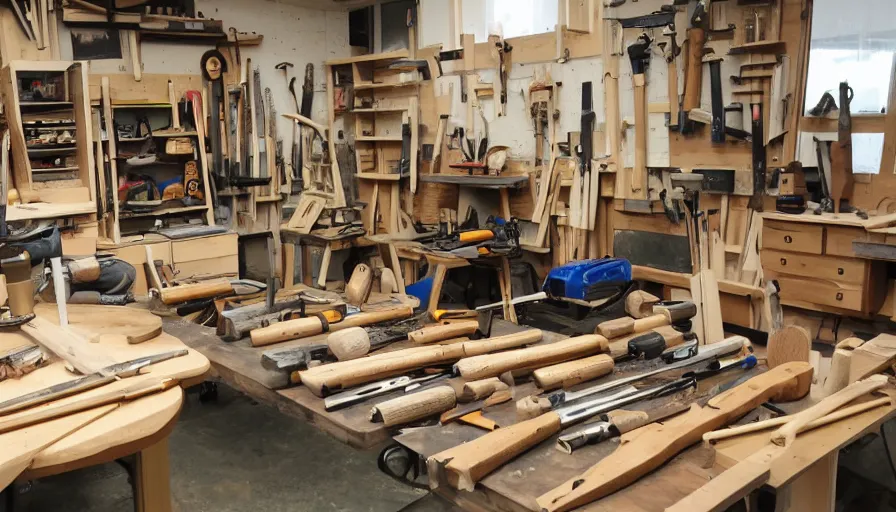 Prompt: A wood workers workshop with a lot of tools