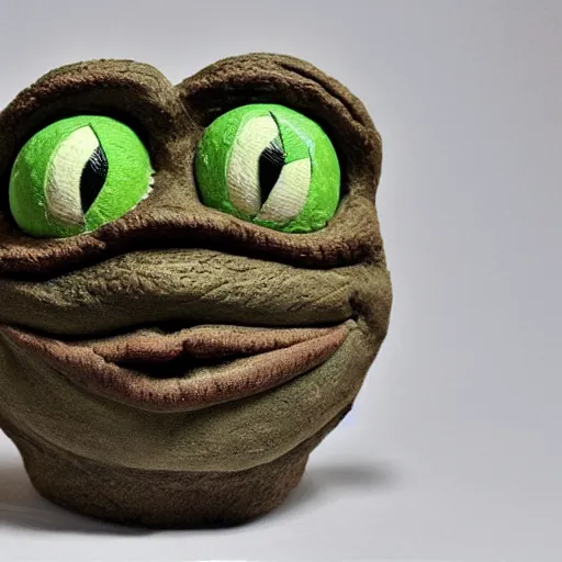 Image similar to clay head of pepe the frog, 3d sculpture, textured, fine detail, lifelike, photo, high resolution