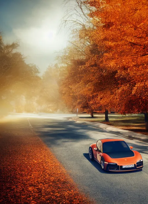 Prompt: photo of a porsche driving through autumn leaves, cinematic lighting, anti aliasing