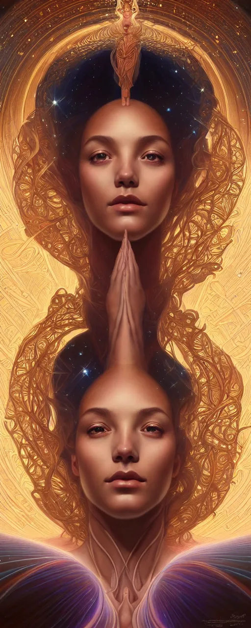 Image similar to perfectly detailed goddess of galaxies self portrait!! blessed by the universe with ever - increasing physical mental perfection, symmetrical! intricate, sensual features, highly detailed, universeral divine perfection!! digital painting, artstation, concept art, smooth, sharp focus, illustration, art by artgerm and greg rutkowski and alphonse mucha