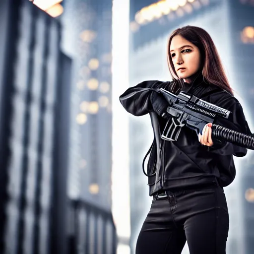 Image similar to photographic portrait of a techwear woman holding a Glock 18, closeup, on the rooftop of a futuristic city at night, sigma 85mm f/1.4, 4k, depth of field, high resolution, 4k, 8k, hd, full color