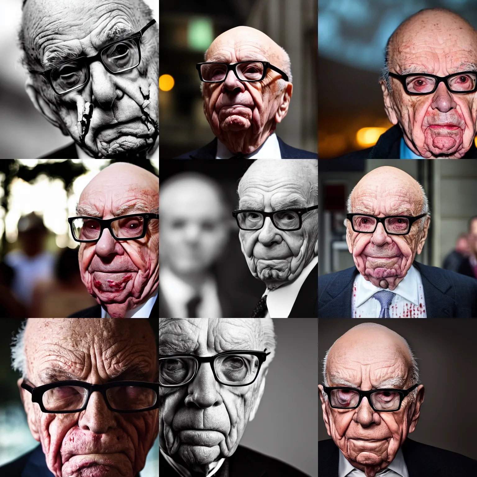 Prompt: Rupert Murdoch as a zombie, Rupert Murdoch, zombie, portrait photography, depth of field, bokeh