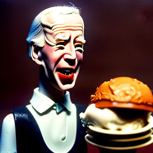 Image similar to claymation joe biden insatiable hunger for ice cream by jan svankmajer, hyperrealistic, very detailed, tim burton, 3 5 mm film still, gothic, horror, eldritch