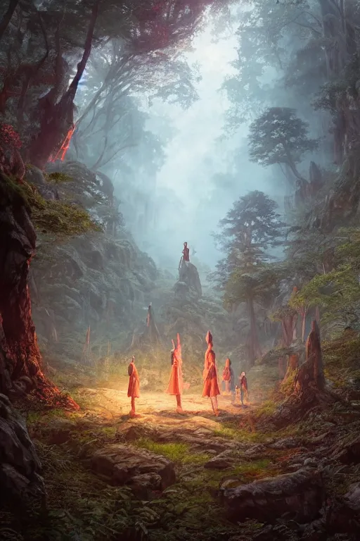 Image similar to a highly detailed matte painting of a group of young adventurers exploring elven ruins in a mystical forest, by studio ghibli, by artgerm, by wlop, by greg rutkowski, red tones, volumetric lighting, octane render, 4 k resolution, trending on artstation, masterpiece