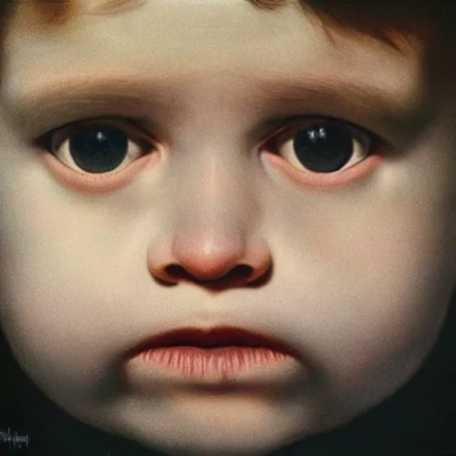 Prompt: high quality high detail portrait by gottfried helnwein, hd, intense unsettling look in the eyes, photorealistic lighting