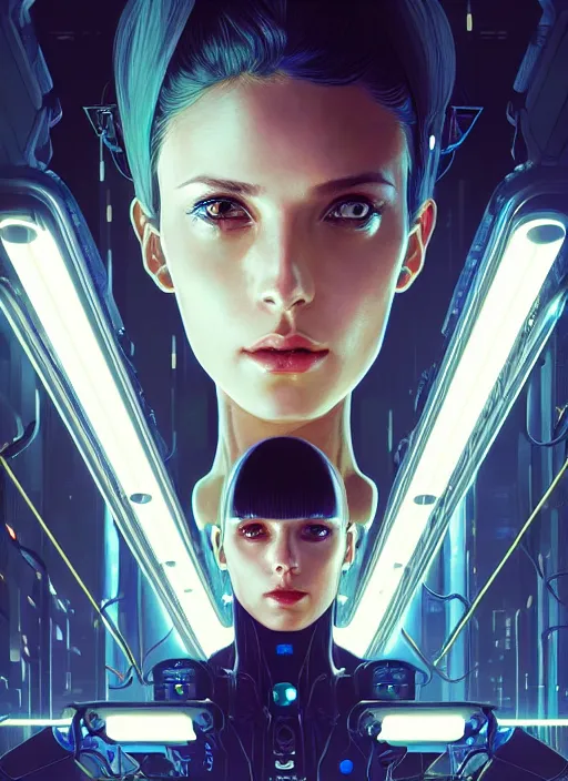 Image similar to symmetry!! portrait of woman with nanotech, sci - fi -, cyberpunk, blade runner, glowing lights, tech, biotech, techwear!! intricate, elegant, highly detailed, digital painting, artstation, concept art, smooth, sharp focus, illustration, art by artgerm and greg rutkowski and alphonse mucha