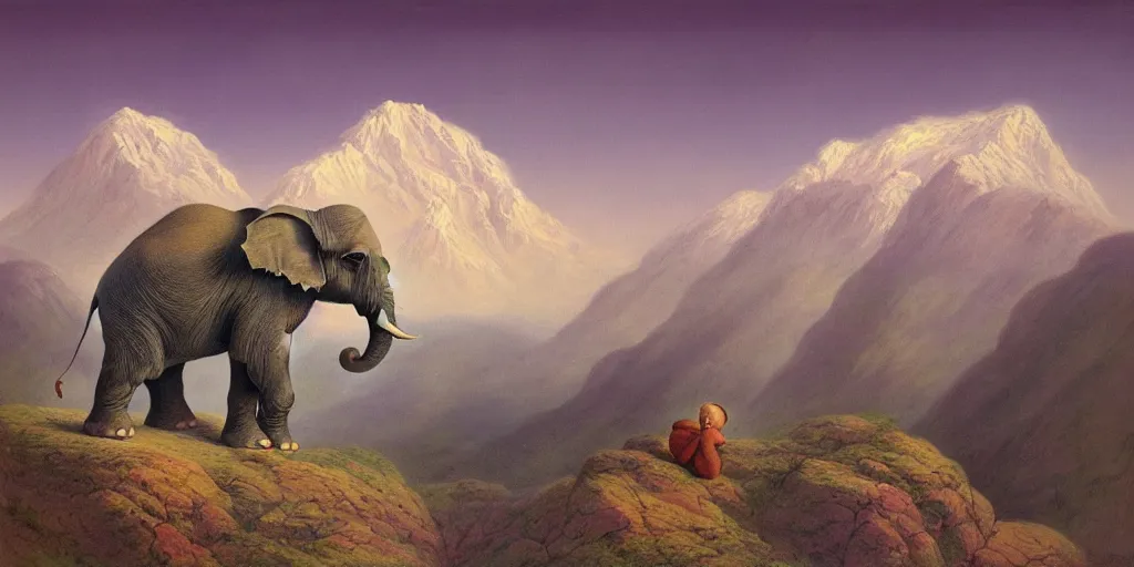 Image similar to A single baby purple elephant childrens book cover, mountains in the background, illustration, detailed, smooth, soft, warm, by Adolf Lachman, Shaun Tan, Surrealism