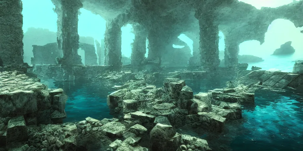 Prompt: underwater ruins, reflective water, caustics, ray tracing, refractive, hdr, award winning, trending on artstation, digital art. highly detailed 8 k. intricate. lifelike. soft light. nikon d 8 5 0.