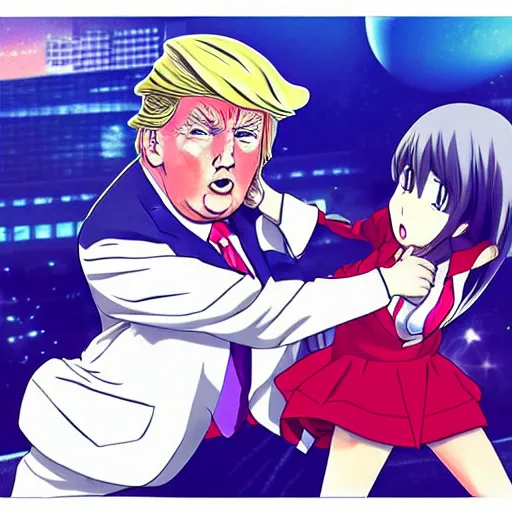 Prompt: “anime key visual of Donald trump fighting anime girls, pixiv”