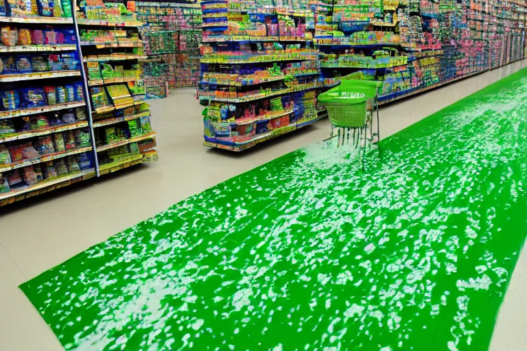 Image similar to rivers of green nickelodeon slime running down the aisles of walmart