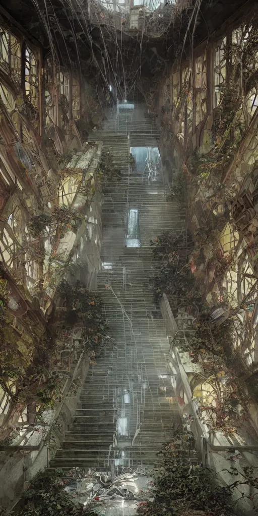 Image similar to i climb up on the endless stairs inside this decayed hitech brutalist building, rays of lights breaking through the holes in the walls, ruined litter, endless stairs going up, monumental, global illumination, by rhads and ferdinand knab and makoto shinkai and alphonse mucha