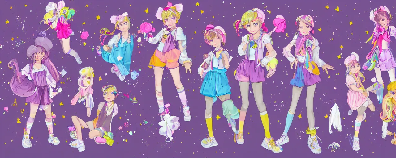 Prompt: A character sheet of full body cute magical girls who look like Emma Watson with short blond hair wearing an oversized purple Beret, Purple overall shorts, Short Puffy pants made of silk, pointy jester shoes, a big billowy scarf, and white leggings. Rainbow accessories all over. Flowing fabric. Covered in stars. Short Hair. Art by Johannes Helgeson and william-adolphe bouguereau and Paul Delaroche and Alexandre Cabanel and Lawrence Alma-Tadema and WLOP and Artgerm and Shoichi Aoki. Fashion Photography. Decora Fashion. harajuku street fashion. Kawaii Design. Intricate, elegant, Highly Detailed. Smooth, Sharp Focus, Illustration Photo real. realistic. Hyper Realistic. Sunlit. Moonlight. Dreamlike. Fantasy Concept Art. Surrounded by clouds. 4K. UHD. Denoise.