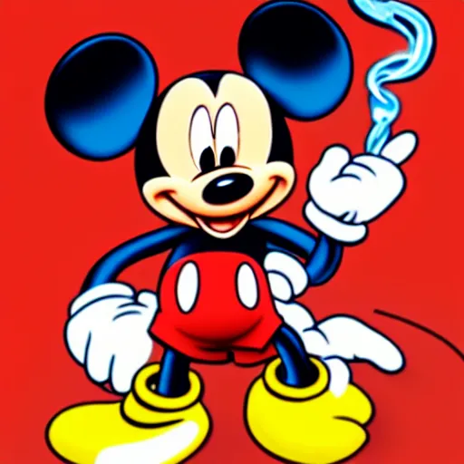 Image similar to mickey mouse with stoned eyes smoking a bong while sitting on a couch, messed apartment, amazing digital art, highly detailed