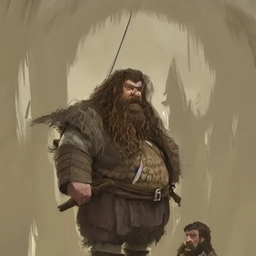 Image similar to gimli meets hagrid, dwarf, giant, character design, greg rutkowski