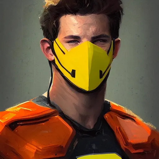 Image similar to portrait of a superhero by greg rutkowski, he looks like miles teller, he is wearing a black, orange and yellow kevlar gear with a mask, highly detailed portrait, digital painting, artstation, concept art, smooth, sharp foccus ilustration, artstation hq