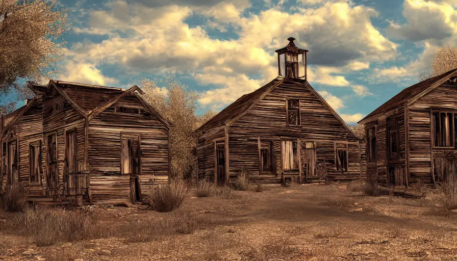 Image similar to an abandoned old west ghost town, digital art, highly detailed, realistic, bright colors, 8 k