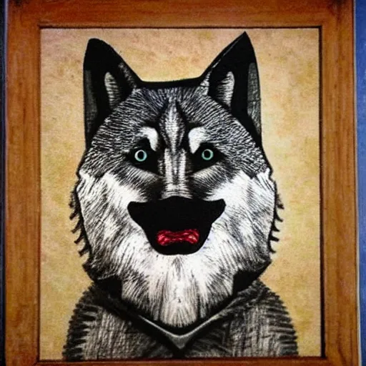 Image similar to retarded wolf portrait, frida style