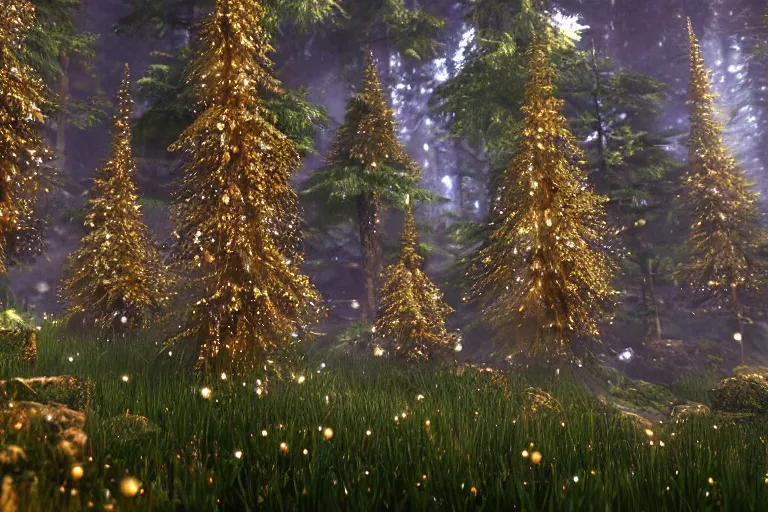 Image similar to crystalized forest with gilded trees and jeweled flowers by unreal engine, photorealistic