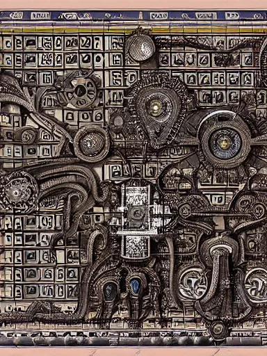 Image similar to schematic blueprint of highly detailed ornate filigreed convoluted ornamented elaborate cybernetic medical equipment, art by da vinci